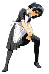 Rule 34 | 1girl, abe osami, dressing, maid, md5 mismatch, short hair, simple background, solo, thighhighs, white background