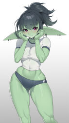 Rule 34 | 1girl, :3, absurdres, black bloomers, black collar, black hair, bloomers, blush, breasts, collar, collarbone, colored skin, commentary, commentary request, earclip, english commentary, female goblin, gluteal fold, goblin, gradient background, green skin, grey background, gym uniform, hands up, high ponytail, highres, large breasts, large ears, lola (roxxxan), looking at viewer, medium hair, midriff, navel, original, pointy ears, purple eyes, scar, scar on arm, scar on leg, simple background, skin tight, smile, solo, spiked collar, spikes, thick thighs, thighs, toned, underwear, weelzelu, white background