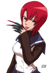 Rule 34 | 00s, 1girl, :p, blue eyes, breasts, claw (weapon), itou yuuji, juliet nao zhang, licking, long sleeves, looking at viewer, my-hime, my-otome, red eyes, red hair, school uniform, serafuku, short hair, simple background, solo, tongue, tongue out, upper body, weapon, white background, yuuki nao