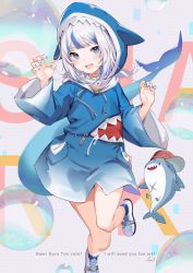 Rule 34 | 1girl, animal hood, bloop (gawr gura), blue eyes, blue hair, blue nails, commentary request, english text, fingernails, fins, fish tail, gawr gura, highres, hololive, hololive english, hood, icomochi, long sleeves, looking at viewer, multicolored hair, nail polish, open mouth, shark hood, shark tail, sharp teeth, shoes, solo, standing, tail, teeth, two-tone hair, virtual youtuber, white footwear, white hair