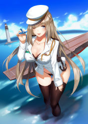 Rule 34 | 1girl, ;d, aircraft, airplane, anchor, bad id, bad pixiv id, black bra, black panties, black thighhighs, blonde hair, blue eyes, bra, breasts, btd-1 destroyer, cleavage, cloud, day, female focus, flight deck, hand on own thigh, hat, highres, large breasts, leaning forward, lexington (warship girls r), lighthouse, long hair, military, military hat, military uniform, no pants, one eye closed, open mouth, panties, smile, solo, thigh gap, thighhighs, underwear, uniform, uss lexington (cv-2), wading, warship girls r, water, white hat, yykuaixian