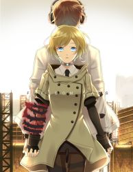 Rule 34 | 1boy, 1girl, accessory (freedom wars), android, back-to-back, bad id, bad pixiv id, blank stare, blonde hair, blue eyes, brown hair, buttons, coat, collared shirt, cowboy shot, double-breasted, expressionless, fingerless gloves, freedom wars, gloves, glowing, headphones, hetero, holding hands, lab coat, long sleeves, looking at viewer, magic, necktie, outdoors, ruins, shibanashi miso, shirt, standing, thorns, togabito, tower, una