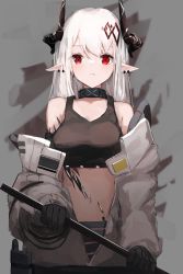 Rule 34 | 1girl, arknights, bare shoulders, black collar, black gloves, breasts, collar, commentary request, crop top, gloves, grey background, highres, holding, horns, ichika (ichika87), infection monitor (arknights), long hair, looking at viewer, material growth, medium breasts, midriff, mudrock (arknights), mudrock (elite ii) (arknights), navel, off shoulder, oripathy lesion (arknights), pointy ears, red eyes, silver hair, solo, sports bra, stomach, upper body