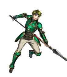 Rule 34 | 1boy, armor, artist request, boots, elbow pads, fingerless gloves, fire emblem, fire emblem: the blazing blade, fire emblem heroes, full body, gauntlets, gloves, gold trim, green armor, green eyes, green hair, headband, highres, holding, holding polearm, holding weapon, knee boots, leg up, long sleeves, looking away, male focus, nintendo, non-web source, official art, open mouth, pants, polearm, sain (fire emblem), short hair, shoulder armor, smile, spear, teeth, transparent background, turtleneck, weapon