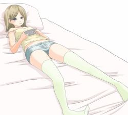 Rule 34 | 1girl, bed, blush, camisole, copyright request, denim, denim shorts, flat chest, handheld game console, hebi hachi, playing games, playstation portable, short shorts, shorts, solo, thighhighs