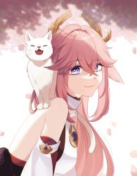 Rule 34 | 1girl, bare shoulders, cat, cherry blossoms, detached sleeves, genshin impact, half-closed eyes, highres, japanese clothes, long hair, long sleeves, looking at viewer, miko, petals, pink hair, purple eyes, smile, solo, tana (tanabio), white cat, yae miko