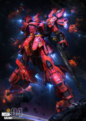 Rule 34 | alpha azieru, beam rifle, char&#039;s counterattack, character name, damaged, debris, energy beam, energy gun, explosion, explosions, funnels (gundam), gradient background, gundam, holding, holding weapon, lefthand, mecha, no humans, planet, realistic, robot, sazabi, science fiction, space, star (sky), thedurianart, thrusters, weapon
