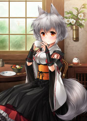 Rule 34 | 1girl, animal ears, bridal gauntlets, camellia, chair, cherry, cross-laced clothes, cup, detached sleeves, female focus, flower, food, fruit, fruit bowl, holding, holding cup, inubashiri momiji, kei kei, kinder surprise, kourindou tengu costume, long sleeves, looking at viewer, no headwear, no headwear, obi, orange eyes, ribbon-trimmed sleeves, ribbon trim, sash, shirt, short hair, silver hair, sitting, skirt, smile, solo, spoon, table, tail, teacup, torii, touhou, vase, wide sleeves, window, wolf ears, wolf tail