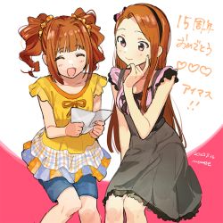 Rule 34 | 2girls, anniversary, black skirt, blue shorts, blush, brown eyes, brown hair, closed mouth, collarbone, dated, closed eyes, forehead, frilled sleeves, frills, hair ornament, hair scrunchie, hairband, holding, holding letter, idolmaster, idolmaster (classic), letter, long hair, minase iori, momose (oqo), multiple girls, open mouth, orange shirt, pink shirt, reading, scrunchie, shirt, shorts, signature, sitting, skirt, sleeveless, smile, takatsuki yayoi, twintails