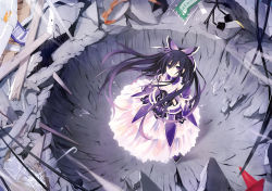 Rule 34 | 10s, 1girl, black hair, breasts, cleavage, crater, date a live, dress, eyebrows, from above, highres, long hair, looking at viewer, looking up, official art, purple eyes, solo, tsunako, yatogami tooka