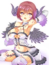 Rule 34 | 1girl, breasts, cleavage, gloves, highres, horns, iwato (celler), looking at viewer, navel, nel zelpher, open mouth, purple eyes, red hair, short hair, simple background, solo, star ocean, star ocean anamnesis, star ocean till the end of time, tattoo, thighhighs, white background