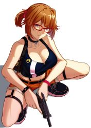 Rule 34 | 1girl, black footwear, black shirt, breasts, brown hair, choker, cleavage, expressionless, girls&#039; frontline, glasses, grizzly mkv (girls&#039; frontline), grizzly mkv (weekend cop) (girls&#039; frontline), highres, lar grizzly win mag, large breasts, looking at viewer, navel, orange hair, peace symbol, pistol grip (fencing), red-framed eyewear, replikia, shirt, shoes, short hair, short shorts, shorts, side ponytail, solo, squatting, thighs, white background