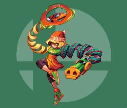 Rule 34 | 1girl, arms (game), beanie, blonde hair, dani oliver, domino mask, dragon (arms), hat, lowres, mask, min min (arms), nintendo, pixel art, ramram (arms), shoes, short hair, sneakers, super smash bros.