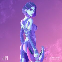 Rule 34 | 1girl, absurdres, ass, blue eyes, blue skin, breasts, colored skin, commentary, covered erect nipples, cowboy shot, gun, hair behind ear, halo (series), halo infinite, highres, holding, holding gun, holding weapon, instagram username, jafet meza, medium breasts, needler, parted lips, purple hair, purple lips, smile, solo, symbol-only commentary, the weapon (halo infinite), twitter username, watermark, weapon