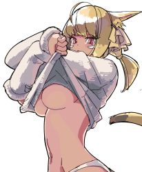 Rule 34 | 1girl, animal ears, blonde hair, breasts, cat ears, cat tail, closed mouth, clothes lift, facial mark, final fantasy, final fantasy xiv, hair ornament, hiyo moo, lifted by self, looking at viewer, medium breasts, miqo&#039;te, panties, red eyes, short hair, slit pupils, solo, sweater, sweater lift, tail, underboob, underwear, white background