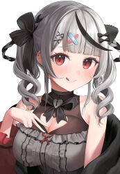 Rule 34 | 1girl, :q, absurdres, bandaid, bandaid hair ornament, black hair, black ribbon, blush, breasts, cleavage cutout, clothing cutout, commentary request, ear piercing, grey hair, hair ornament, hair ribbon, heart-shaped lock, heart cutout, highres, hololive, kakinotane e, large breasts, long hair, looking at viewer, multicolored hair, off shoulder, piercing, red eyes, ribbon, sakamata chloe, sakamata chloe (jirai kei), simple background, solo, streaked hair, tongue, tongue out, upper body, v, virtual youtuber, white background, x hair ornament