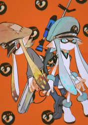 Rule 34 | 2girls, black shorts, blue eyes, blue hair, boots, closed mouth, dress, full body, grey footwear, grey hair, guifan, gun, hat, holding, holding gun, holding weapon, inkling, inkling girl, inkling player character, long hair, long sleeves, looking at viewer, multiple girls, muscular, nintendo, orange background, orange eyes, orange hair, patchwork clothes, pointy ears, rifle, shaded face, shoes, short shorts, short sleeves, shorts, simple background, sniper rifle, splatoon (series), standing, weapon, white dress, white footwear
