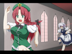 Rule 34 | 2girls, anime coloring, bad id, bad pixiv id, braid, chasing, china dress, chinese clothes, dress, embodiment of scarlet devil, female focus, hat, hong meiling, izayoi sakuya, izumi sai, knife, letterboxed, long hair, maid, multiple girls, red eyes, red hair, short hair, silver hair, throwing knife, touhou, twin braids, weapon