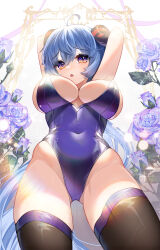 Rule 34 | 1girl, absurdres, ahoge, arms up, black thighhighs, blue hair, blue leotard, blush, breasts, cleavage, covered navel, cowboy shot, flower, from below, ganyu (genshin impact), genshin impact, groin, hando 2020, highres, horns, large breasts, leotard, long hair, looking at viewer, low ponytail, open mouth, playboy bunny, purple eyes, purple flower, purple leotard, sidelocks, skindentation, solo, standing, thighhighs, underboob, very long hair
