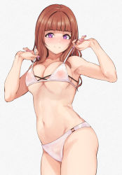 Rule 34 | 1girl, a-rise, alp, armpits, bare shoulders, bikini, bikini top lift, blunt bangs, blush, breasts, brown hair, cleavage, closed mouth, clothes lift, cowboy shot, female pubic hair, grey background, highres, lifted by self, long hair, looking at viewer, love live!, love live! school idol project, medium breasts, nail polish, navel, pink nails, pubic hair, purple eyes, see-through, sidelocks, skindentation, smile, solo, swimsuit, yuki anju