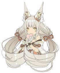 Rule 34 | 1girl, animal ears, bad id, bad twitter id, cat ears, cat girl, gloves, heart, highres, long hair, nia (blade) (xenoblade), nia (xenoblade), shiroxai, silver hair, simple background, solo, spoilers, twintails, white background, xenoblade chronicles (series), xenoblade chronicles 2, yellow eyes