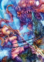 Rule 34 | 1girl, blonde hair, blue eyes, breasts, kara (color), long hair, monster, original, polearm, riding, solo, spear, tentacles, thighhighs, twintails, underboob, weapon