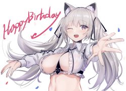 Rule 34 | 1girl, ;d, animal ear fluff, animal ears, aruvina (gu luco), between breasts, breasts, cat ears, center opening, cleavage, collared shirt, crop top, floating hair, frilled shirt, frills, gu luco, hair ribbon, happy birthday, highres, large breasts, long hair, long sleeves, looking at viewer, midriff, necktie, one eye closed, open mouth, original, outstretched arms, red eyes, ribbon, shirt, short necktie, silver hair, simple background, smile, solo, stomach, twintails, upper body, white background, white shirt