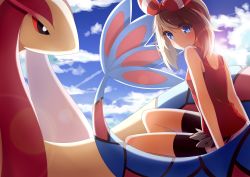 Rule 34 | 10s, 1girl, absurdres, bike shorts, blue eyes, blue sky, brown hair, cloud, contrail, creatures (company), day, game freak, gen 3 pokemon, hair ribbon, highres, looking at viewer, looking back, may (pokemon), may (pokemon oras), milotic, nintendo, pokemon, pokemon (creature), pokemon oras, ribbon, shirt, short shorts, shorts, sitting, sky, sleeveless, sleeveless shirt, sunlight, transistor, two side up