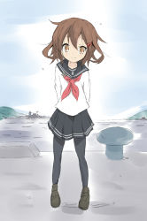 Rule 34 | 10s, 1girl, battleship, brown eyes, brown hair, commentary, core (mayomayo), flying sweatdrops, hair ornament, hairclip, ikazuchi (kancolle), kantai collection, looking away, military, military vehicle, neckerchief, ocean, pantyhose, pleated skirt, red neckerchief, school uniform, serafuku, ship, shoes, short hair, skirt, smile, solo, warship, watercraft
