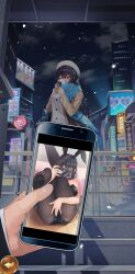 Rule 34 | 1boy, 1girl, animal ears, ass, black hair, breasts, cellphone, censored, city, covering own eyes, fake animal ears, gameplay, highres, large breasts, leotard, night, night sky, outdoors, phone, photo (object), playboy bunny, rabbit ears, scarf, selfie, shoujo kaisen, sky, smartphone, sousou moutoku (shoujo kaisen)