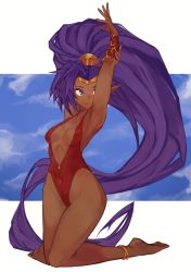 Rule 34 | 1girl, absurdly long hair, alternate costume, anklet, arms up, barefoot, blue eyes, blue sky, border, breasts, circlet, collarbone, covered navel, dark-skinned female, dark skin, from side, halterneck, highres, jewelry, kneeling, knees together feet apart, letterboxed, long hair, medium breasts, one-piece swimsuit, outside border, pointy ears, ponytail, purple hair, qmerlem, red one-piece swimsuit, shantae, shantae (series), sky, solo, swimsuit, thighs, vambraces, very long hair, white border, wide hips