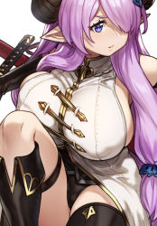 Rule 34 | 1girl, breasts, covered erect nipples, demon horns, draph, elbow gloves, fighting stance, gloves, granblue fantasy, hair over one eye, highres, holding, holding sword, holding weapon, horns, houtengeki, huge breasts, large breasts, light purple hair, narmaya (granblue fantasy), pointy ears, purple eyes, sheath, solo, squatting, sword, thigh strap, weapon