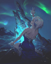Rule 34 | 1girl, anastasia (idolmaster), aurora, blue dress, blue eyes, commentary, dress, fajyobore, feather hair ornament, feathers, from behind, full body, gloves, hair ornament, hand up, high heels, highres, ice, idolmaster, idolmaster cinderella girls, kneeling, night, night sky, outdoors, short hair, sky, solo, star (sky), starry sky, strapless, strapless dress, white footwear, white gloves, white hair
