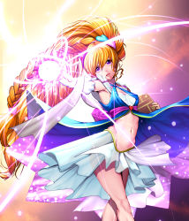 Rule 34 | 1girl, asahina mirai, book, braid, cure miracle, cure miracle (sapphire style), cure miracle sapphire style, gloves, hair ornament, harihisa, holding, long hair, looking at viewer, magic, mahou girls precure!, navel, open mouth, precure, purple eyes, sapphire style, single braid, skirt, solo, wide ponytail
