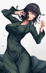 Rule 34 | 1girl, black hair, breasts, closed mouth, collared dress, covered navel, cowboy shot, dress, fubuki (one-punch man), green dress, green eyes, hair between eyes, highres, impossible clothes, large breasts, long sleeves, looking at viewer, narrow waist, one-punch man, popped collar, short hair, solo, takanashi-a, taut clothes, taut dress