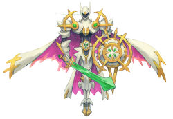 Rule 34 | arceus, armor, cape, creatures (company), full armor, full body, game freak, garrett hanna, gen 4 pokemon, glowing, glowing eye, highres, holding, holding shield, holding sword, holding weapon, legendary pokemon, legs together, monster hunter (series), mythical pokemon, nintendo, pokemon, pokemon (creature), shield, simple background, solo, standing, sword, weapon, white background