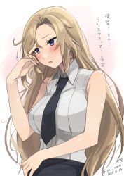 Rule 34 | 1girl, absurdres, black necktie, blonde hair, breasts, commentary request, dated, dress shirt, grey eyes, highres, hornet (kancolle), kantai collection, large breasts, long hair, necktie, one-hour drawing challenge, shirt, sleeveless, sleeveless shirt, solo, toriniku senshi chikinman, translation request, twitter username, upper body, white background, white shirt