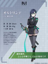 Rule 34 | 1girl, adjusting eyewear, blue hair, boots, character name, character profile, character request, closed mouth, collared dress, company name, copyright name, copyright notice, crossed legs, dark blue hair, dress, full body, fuyuno yuuki, glasses, green eyes, hair ornament, hand up, highres, knee boots, logo, looking at viewer, mole, mole under mouth, n-innocence, official art, short hair, solo, standing, sword, thighhighs, v-shaped eyebrows, watson cross, weapon