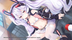 Rule 34 | 1girl, alternate costume, animal ears, azur lane, blush, bra, breasts, cleavage, hair ornament, hairband, highres, laffey (azur lane), laffey (retrofit) (azur lane), long hair, looking at viewer, navel, official art, open clothes, open shirt, panties, rabbit ears, red eyes, silver hair, skirt, solo, thighhighs, twintails, underwear