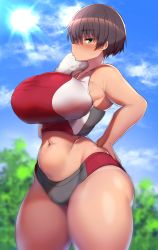 Rule 34 | 1girl, bare shoulders, blush, breasts, brown hair, curvy, green eyes, hand on own hip, highres, huge breasts, looking at viewer, navel, original, outdoors, short hair, short shorts, shorts, sky, solo, sports bra, standing, stomach, sweat, tan, thick thighs, thighs, towel, tree, tsukunendo, wide hips