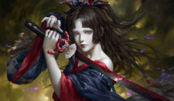 Rule 34 | 1girl, bare shoulders, braid, brown hair, buchuo liu, closed mouth, fighting stance, head tilt, highres, hikimayu, holding, holding sword, holding weapon, japanese clothes, kimono, long hair, looking at viewer, off shoulder, one side up, onmyoji, pale skin, parted bangs, pink eyes, pink lips, realistic, solo, sword, upper body, weapon, wide sleeves, yaodao ji