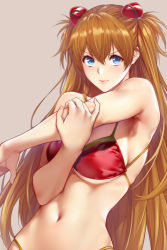 Rule 34 | 1girl, alternate breast size, bikini, blue eyes, breasts, brown hair, cowboy shot, curvy, grey background, hair between eyes, hairpods, interface headset, lips, long hair, looking at viewer, medium breasts, navel, neon genesis evangelion, parted lips, red bikini, shiny clothes, simple background, skindentation, solo, souryuu asuka langley, standing, swimsuit, twintails, underboob, zucchini