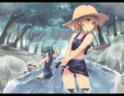 Rule 34 | 2girls, :o, bare shoulders, blonde hair, blue eyes, dual wielding, female focus, forest, green hair, hat, holding, kawashiro nitori, letterboxed, midriff, moriya suwako, multiple girls, nature, one-piece swimsuit, rain, river, school swimsuit, shin (new), short hair, skirt, stream, swimsuit, touhou, tree, twintails, two side up, wading, water, water gun, wringing clothes, yellow eyes