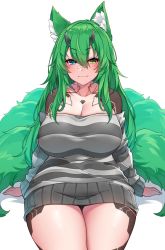 Rule 34 | 1girl, absurdres, animal ears, arm support, blue eyes, breasts, cleavage, collarbone, commission, fox ears, fox girl, fox tail, green hair, hair between eyes, heterochromia, highres, horns, large breasts, long hair, looking at viewer, off-shoulder sweater, off shoulder, original, simple background, sitting, solo, suruga (xsurugax), sweater, tail, tattoo, thick thighs, thighs, white background, yellow eyes