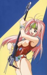 Rule 34 | 1990s (style), 1girl, breastless clothes, breasts, crotchless, female focus, guitar, instrument, leotard, macross, macross 7, mylene jenius, nipples, nude filter, pink hair, pussy, solo, third-party edit, uncensored