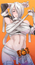 Rule 34 | 1girl, angel (kof), arm up, bandages, bandaged arm, bandaged leg, bandages, black nails, blue eyes, breasts, butcha-u, commentary request, contrapposto, detached sleeves, grin, hair over one eye, halloween, halloween costume, highres, large breasts, looking at viewer, midriff, mummy costume, nail polish, navel, pinky out, sarashi, short hair, single detached sleeve, smile, solo, standing, the king of fighters, the king of fighters all-stars, yellow background