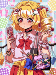 Rule 34 | 1girl, absurdres, adapted costume, bag, black choker, blonde hair, blue bow, blush, bow, bowtie, bracelet, candy, cellphone, character doll, choker, clothes around waist, collared shirt, commentary request, cross, cross choker, crystal, curly hair, fingernails, flandre scarlet, flip phone, food, frilled cuffs, fumo (doll), hair ornament, hair ribbon, hairclip, highres, holding, holding phone, izayoi sakuya, jacket, jacket around waist, jewelry, lollipop, multicolored wings, one side up, partial commentary, phone, pleated skirt, red bow, red bowtie, red eyes, red nails, red skirt, remilia scarlet, ribbon, school bag, school uniform, sharp fingernails, shirt, signature, single wrist cuff, skirt, solo, touhou, utyouten akako, white shirt, wings, wrist cuffs, x hair ornament