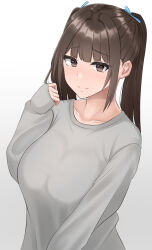 Rule 34 | blue ribbon, breasts, brown eyes, brown hair, closed mouth, collarbone, gradient background, grey sweater, hair ribbon, hand up, highres, holding, holding own hair, large breasts, long hair, long sleeves, looking at viewer, original, riasu, ribbon, sidelocks, sleeves past wrists, sweater, twintails, upper body
