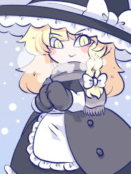 Rule 34 | 1girl, apron, black hat, black skirt, black vest, blonde hair, blush stickers, bow, braid, chahan (fried rice0614), closed mouth, frilled apron, frills, fringe trim, grey mittens, grey scarf, hat, hat bow, highres, kirisame marisa, long hair, long sleeves, mittens, one-hour drawing challenge, scarf, shirt, single braid, skirt, smile, solo, touhou, vest, waist apron, white apron, white bow, white shirt, witch hat, yellow eyes