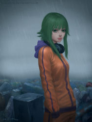 Rule 34 | 1girl, commentary, gohpot, green eyes, green hair, gumi, hands in pockets, headphones, headphones around neck, highres, hood, hoodie, jacket, lips, pants, rain, short hair with long locks, sidelocks, signature, solo, track jacket, track pants, upper body, vocaloid, watermark, web address
